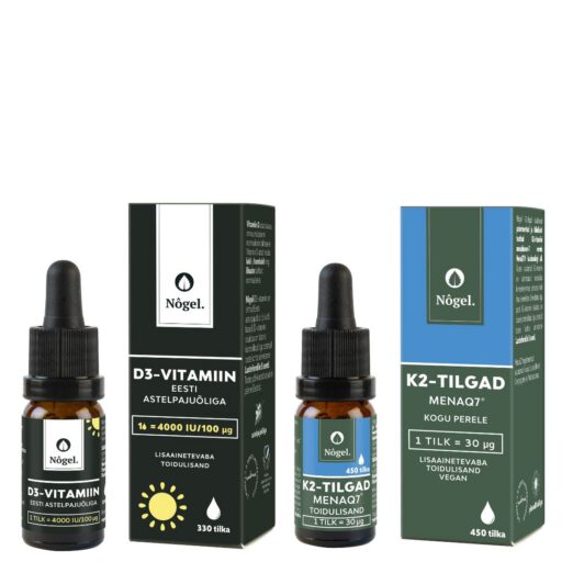 Luud ja lihased kombo 2: D-vitamiin Eesti astelpajuõliga, 4000 IU/100 μg, 10 ml ja K2-tilgad, MENAQ7®, 10 ml