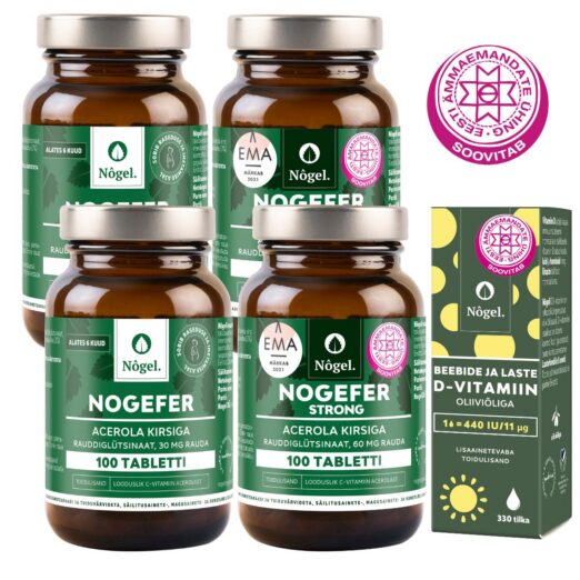 Lapseootel 9 KUUD kombo: 2 x NOGEFER, 2 x NOGEFER strong, beebide ja laste D-vitamiin 440 IU/11 μg, 10 ml