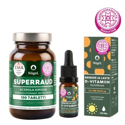 Lapseootel kombo 3: Superraud 60 mg ja beebide ja laste D-vitamiin oliiviõliga, 80 IU/2 μg, 10 ml