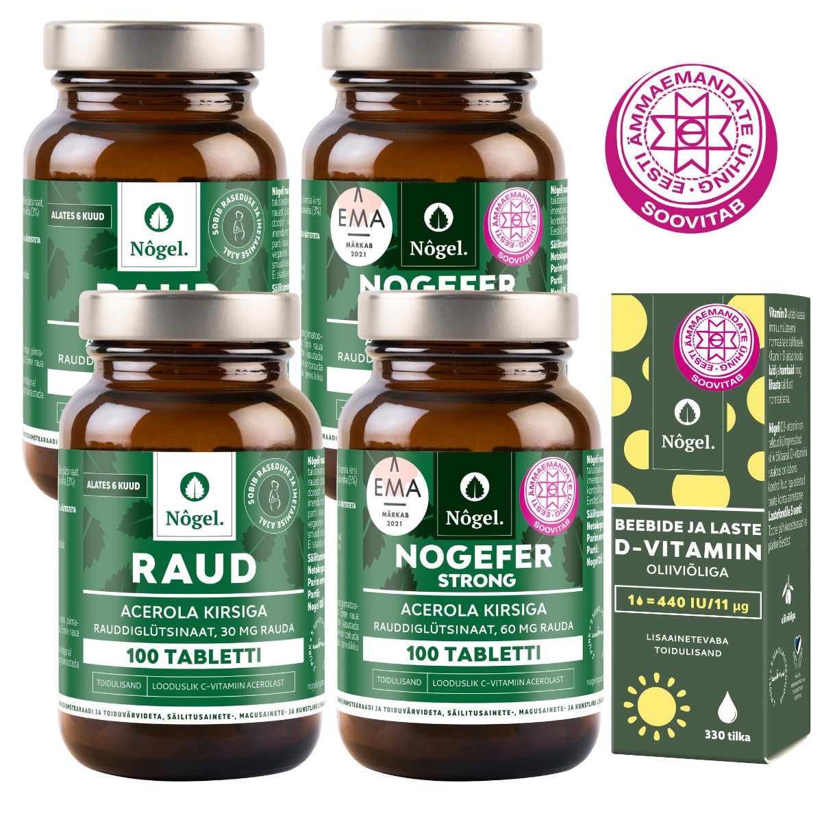 Lapseootel 9 KUUD kombo: 2 x Raud, 2 x NOGEFER strong, beebide ja laste D-vitamiin 440 IU/11 μg, 10 ml