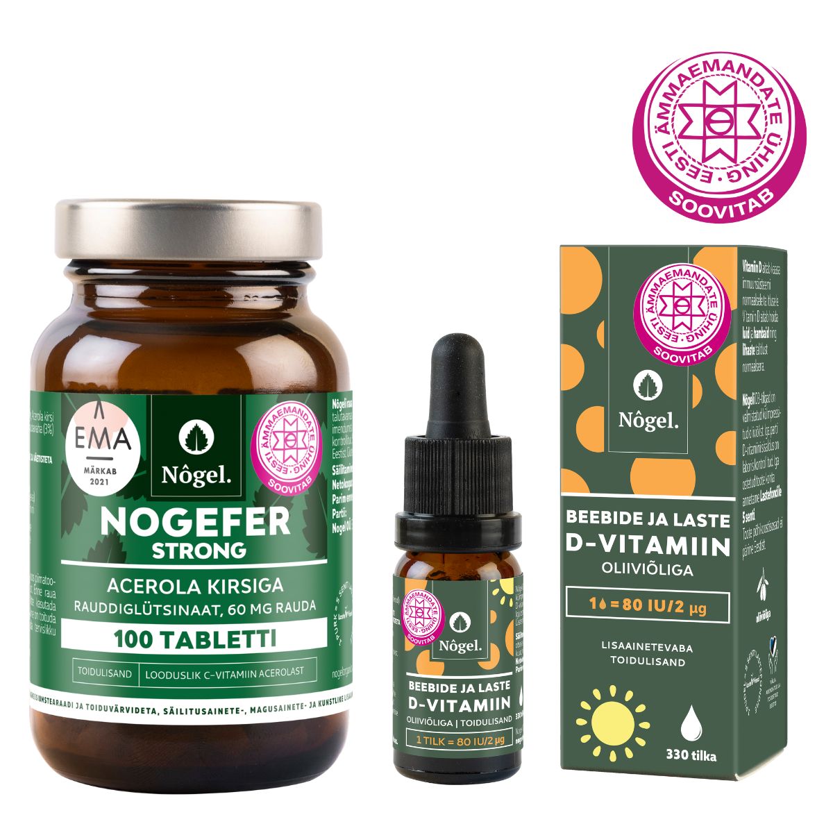 Lapseootel kombo 3: NOGEFER strong 60 mg ja beebide ja laste D-vitamiin oliiviõliga, 80 IU/2 μg, 10 ml
