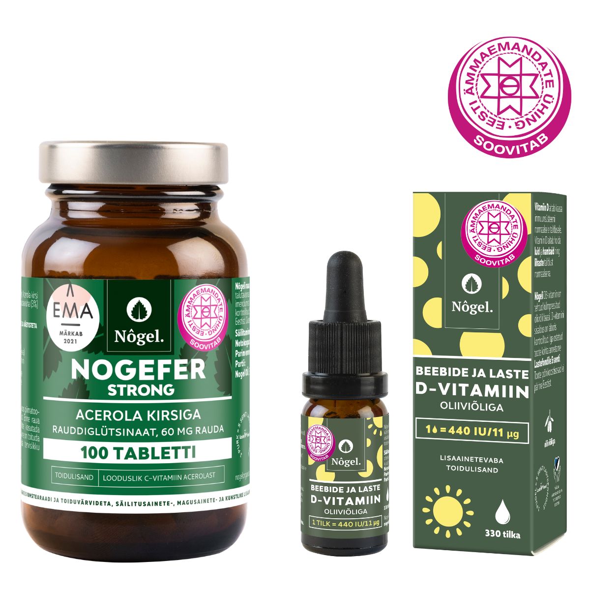Lapseootel kombo: NOGEFER strong 60 mg ja beebide ja laste D-vitamiin oliiviõliga 440 IU/11 μg, 10 ml