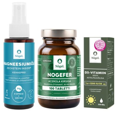 SPORTLASE KOMBO: NOGEFER 30 mg, D-vitamiin Eesti astelpajuõliga 1200 IU, 10 ml ja magneesiumiõli kehasprei, Zechstein Inside®, 100 ml