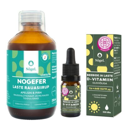 Lapsed kombo: NOGEFER Laste rauasiirup apelsini ja pirniga, 250 ml, 25 mg/10 ml ning beebide ja laste D-vitamiin oliiviõliga, 440 IU/11 μg, 10 ml
